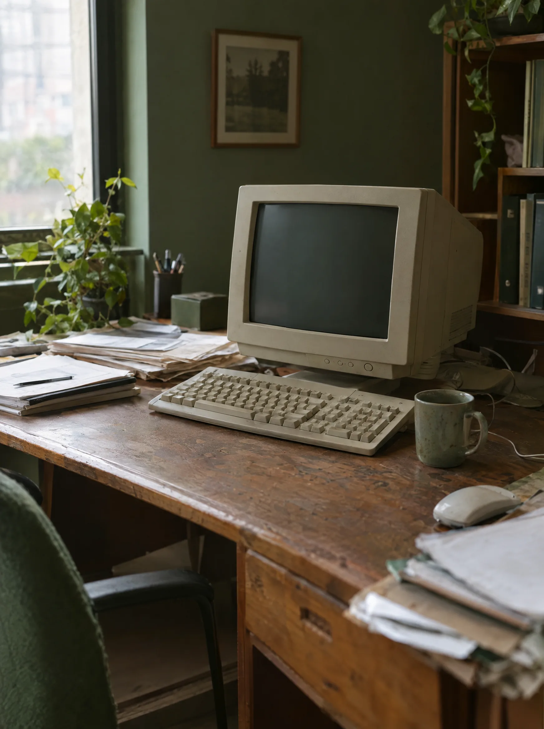 Alter Röhrenmonitor auf einem vollen, staubigen Bürotisch