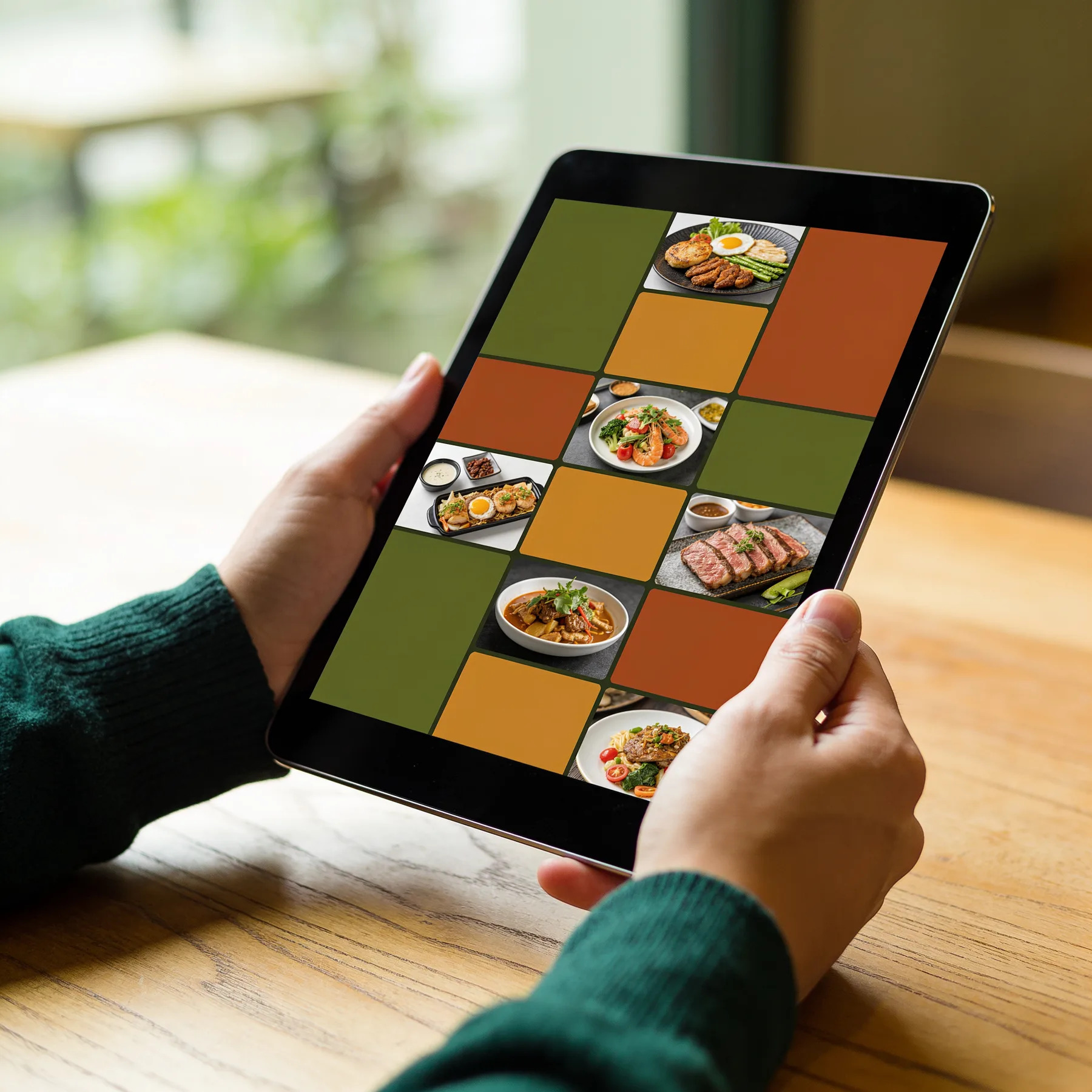 Hand hält ein Tablet mit einer farbigen Speisekarten-Gestaltung
