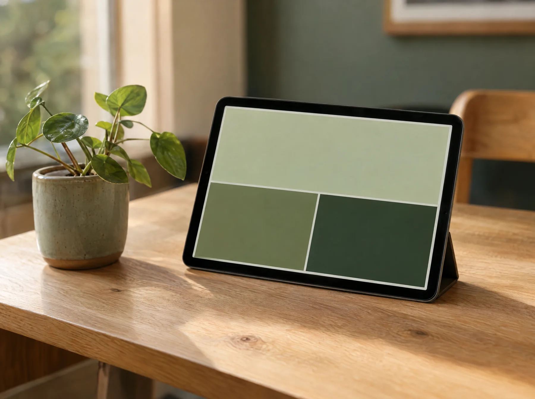Tablet mit einem frischen Website-Entwurf auf einem Holztisch