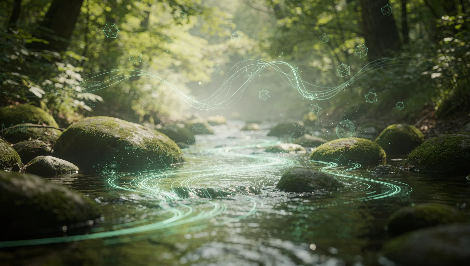 Waldbach mit leuchtenden digitalen Datenströmen, die über das Wasser fließen