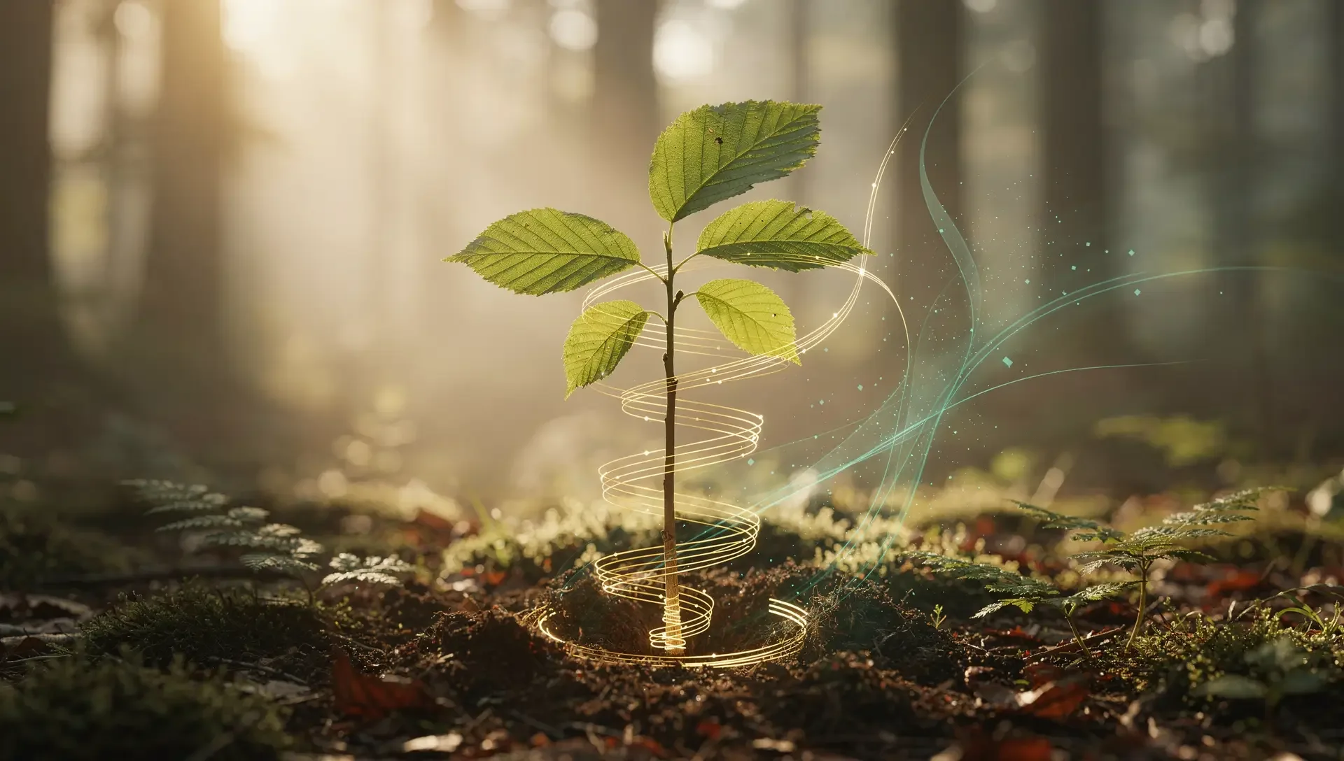 Junger Buchensetzling auf moosigem Waldboden, um den sich goldene Lichtfäden wie eine Wachstumskurve winden