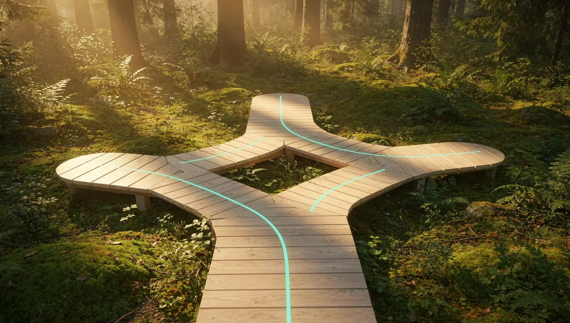 Heller Holzsteg, der sich auf einem sonnigen Waldboden in mehrere Wege verzweigt, mit feinen Lichtlinien