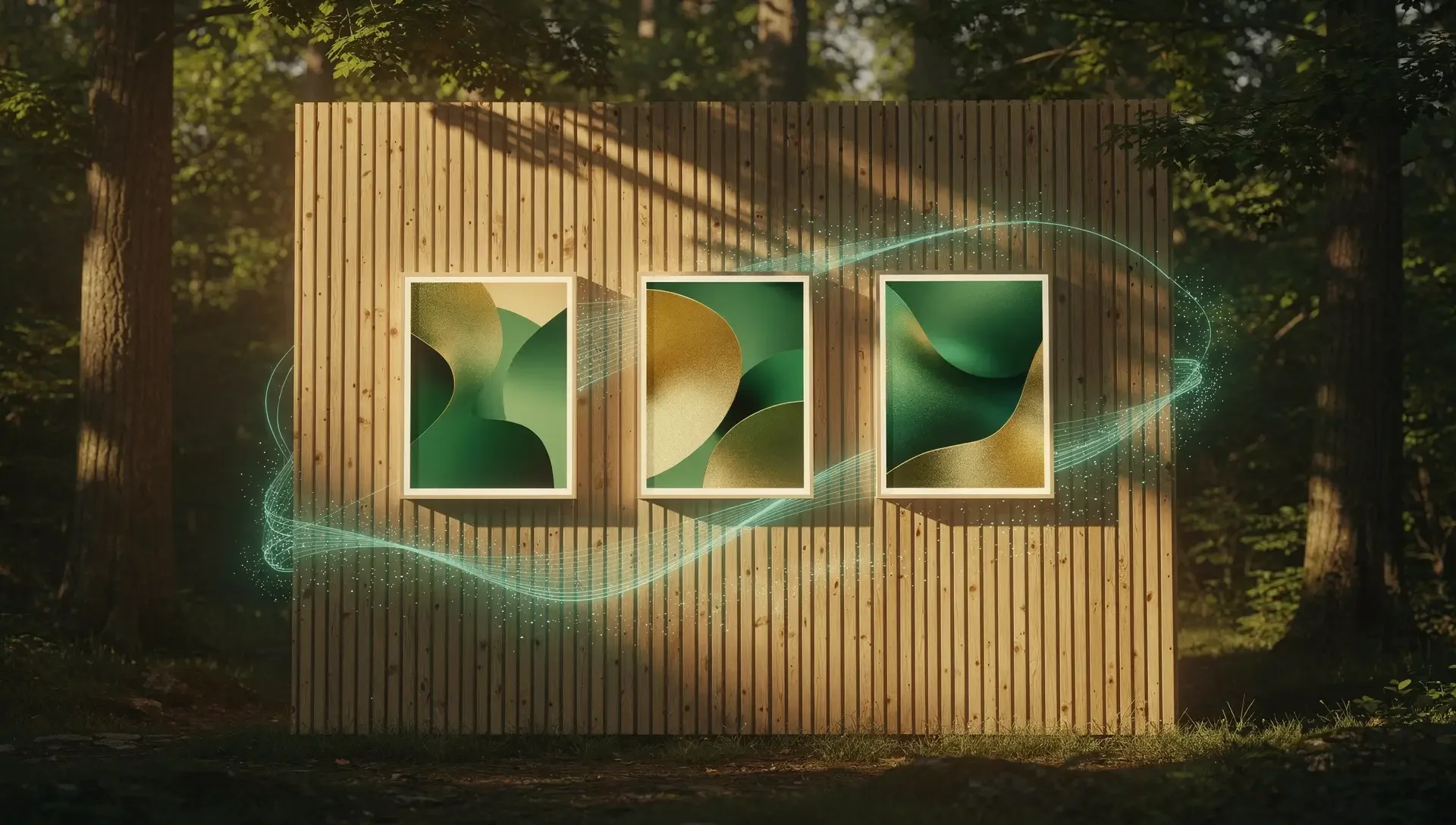 Holzwand im Grünen mit drei leuchtenden, gerahmten Bildpanels – eine kleine Galerie zwischen Bäumen