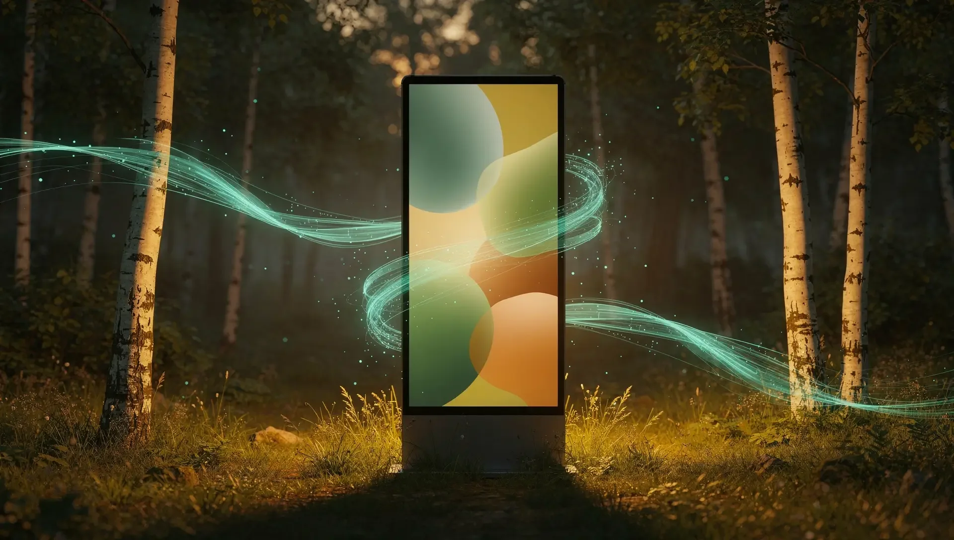 Hochkant leuchtende Display-Stele auf einer Waldlichtung in der Dämmerung mit abstraktem grün-goldenem Motiv
