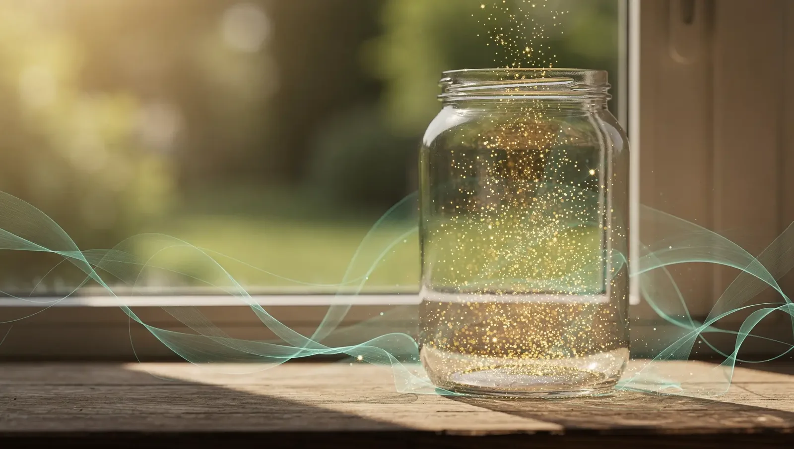 Glas voller goldener Lichtpunkte auf einer sonnigen Fensterbank vor grünem Garten