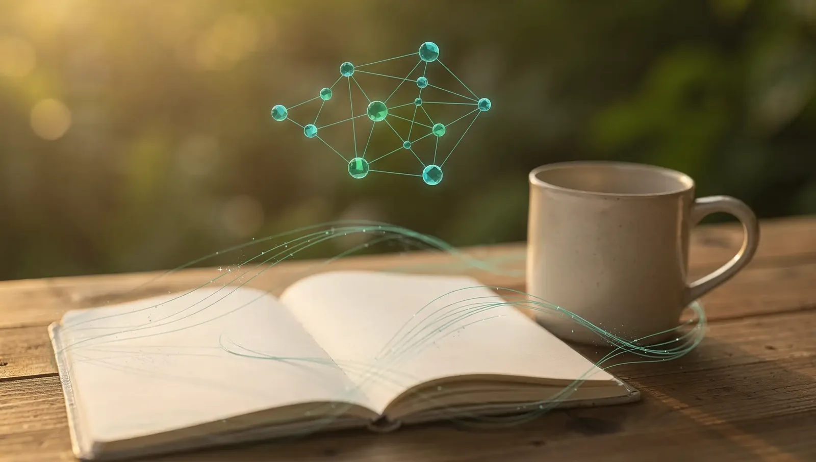Aufgeschlagenes Notizbuch mit Tasse auf einem Holztisch, darüber ein leuchtendes Netz aus Lichtpunkten