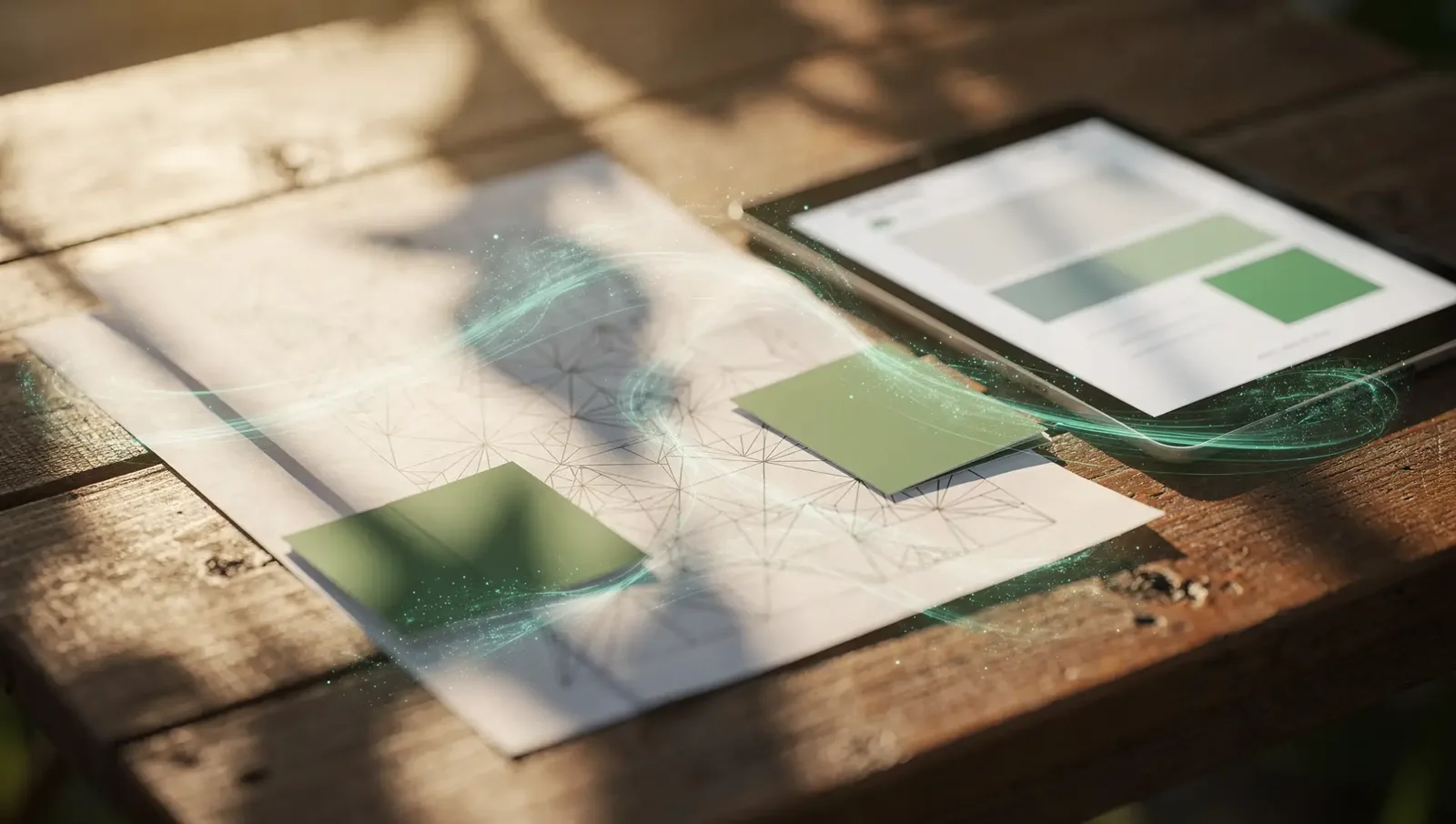Design-Skizzen und grüne Farbmuster neben einem Tablet mit Weboberfläche auf einem Holztisch