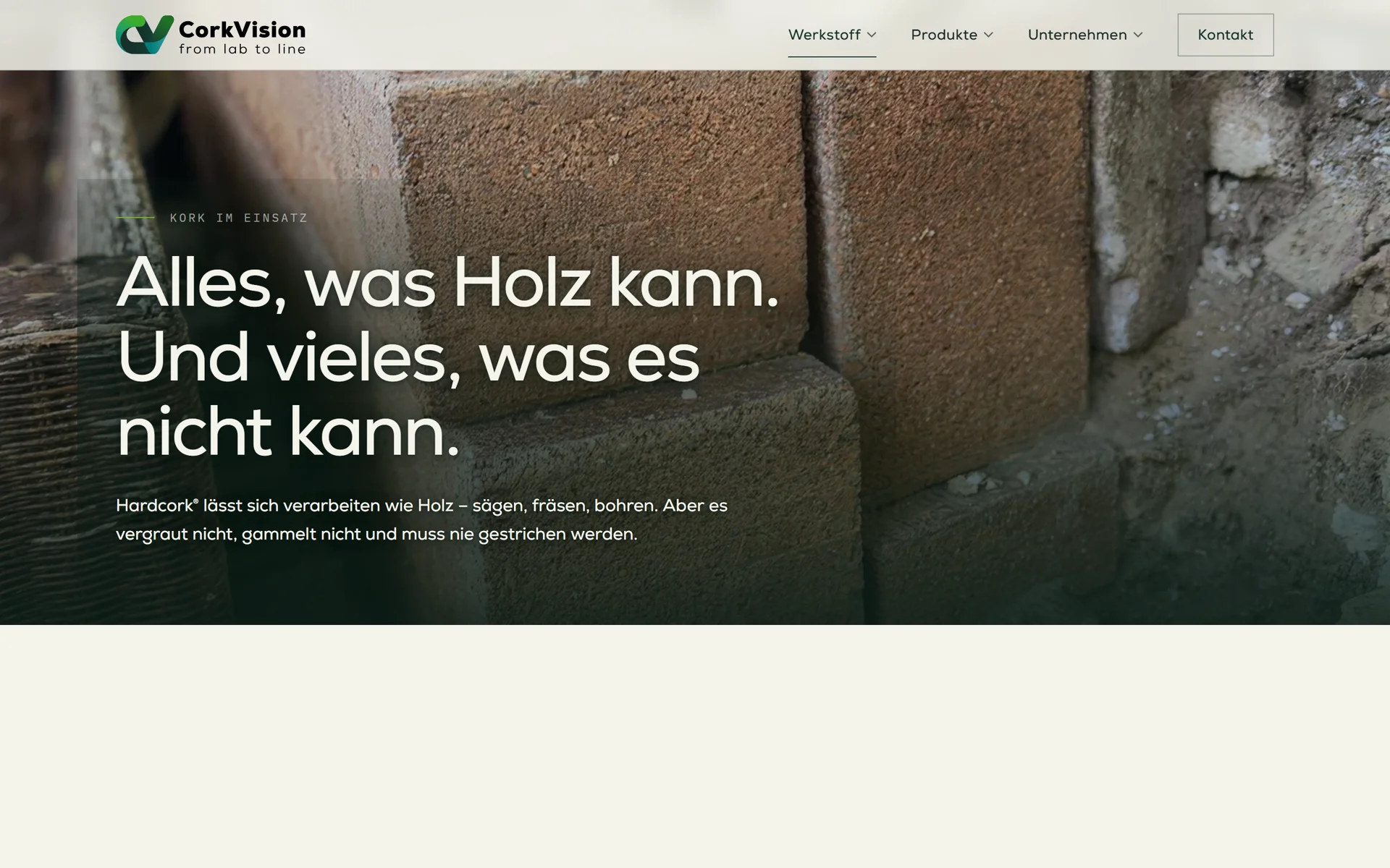 Unterseite „Kork im Einsatz“ von corkvision.de mit der Überschrift „Alles, was Holz kann“