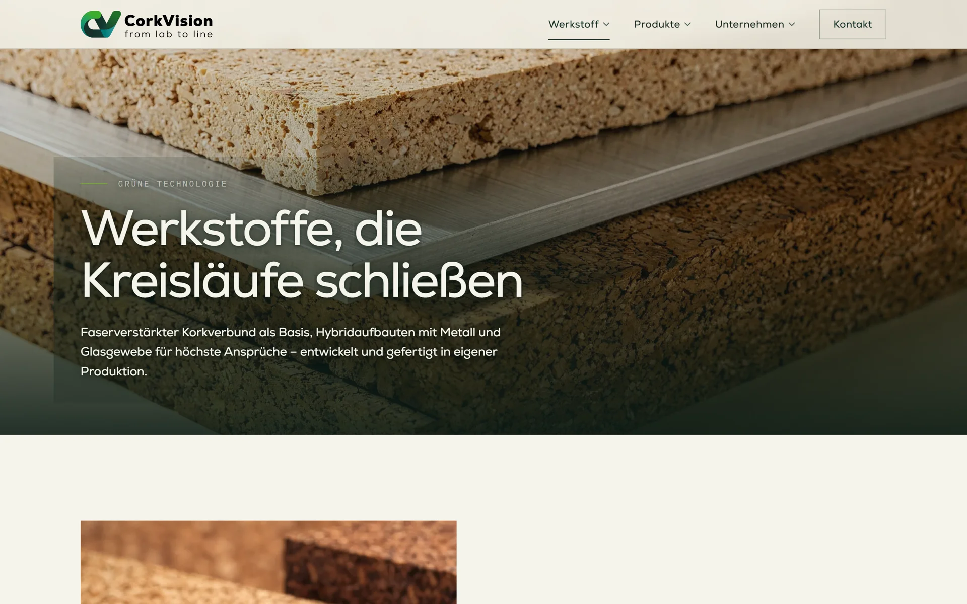 Technologie-Seite von corkvision.de: Korkverbund-Platten in Nahaufnahme unter der Überschrift „Werkstoffe, die Kreisläufe schließen“