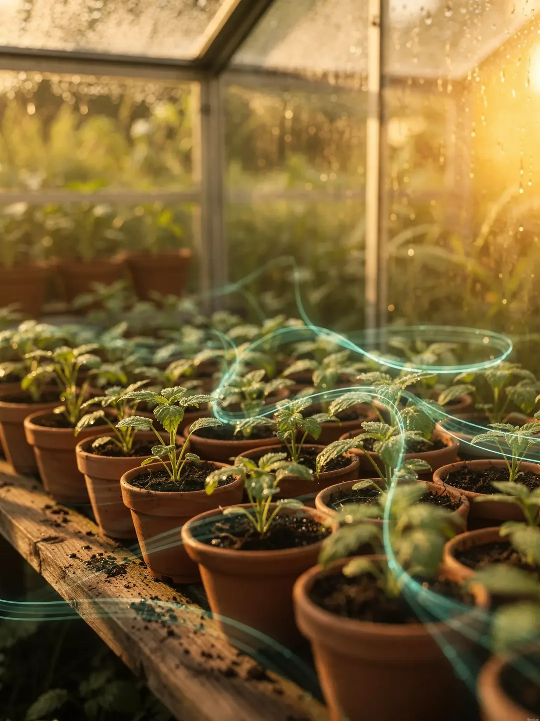 Reihen junger Setzlinge in Terrakottatöpfen in einem sonnigen Gewächshaus mit goldenem Lichtnebel