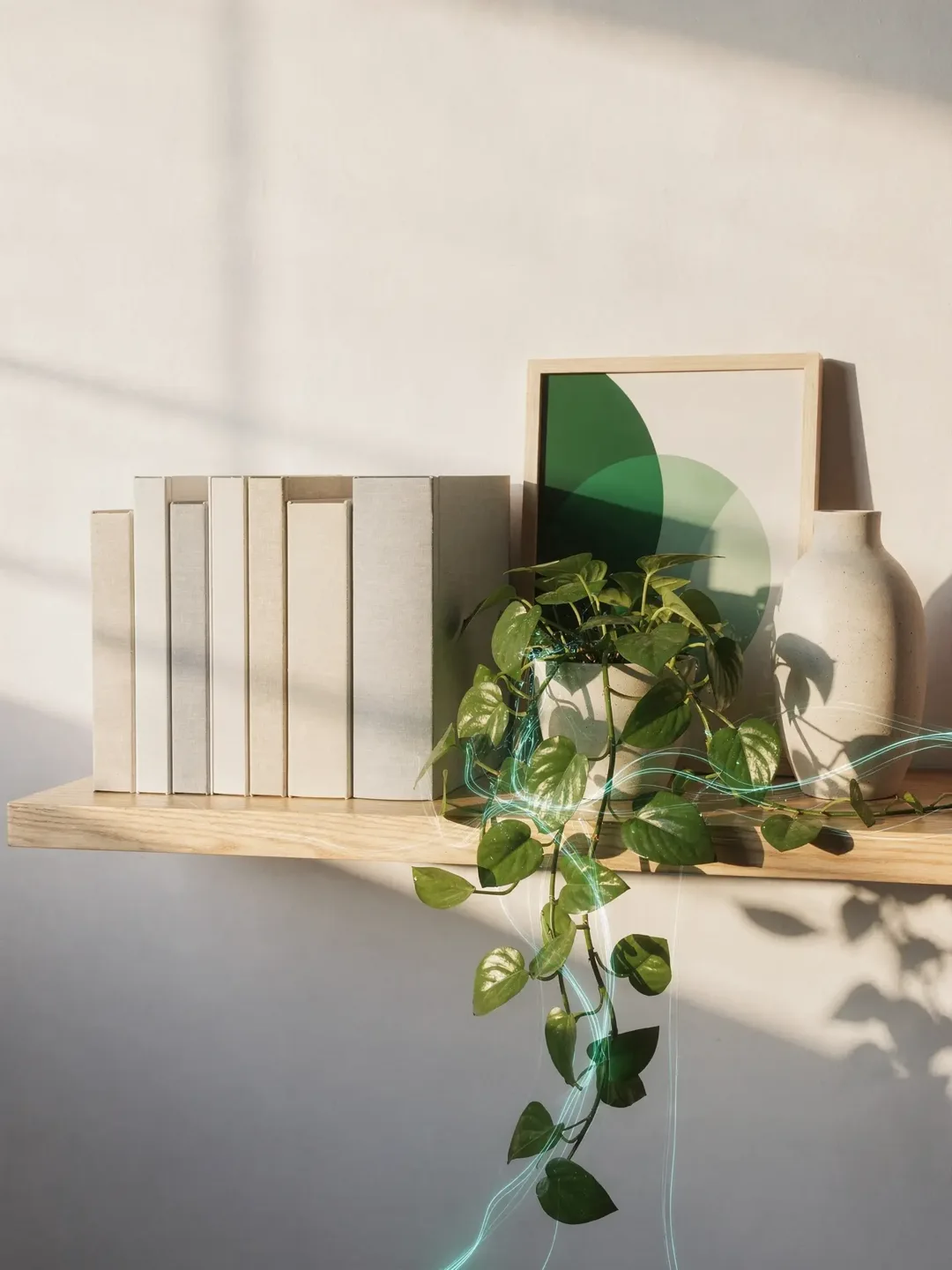 Helles Regal mit Büchern, Pflanze, Vase und einem kleinen gerahmten grünen Bild in warmem Morgenlicht
