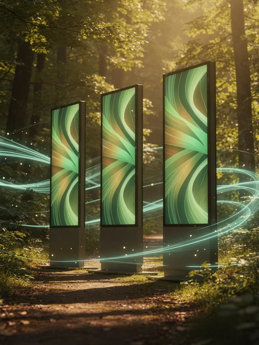 Drei identische leuchtende Display-Stelen in einer Reihe auf einem Waldweg – überall dasselbe Design