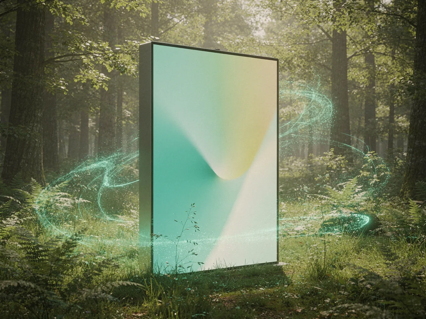 Großes leuchtendes Display im grünen Wald mit abstraktem Design und digitalen Lichtströmen