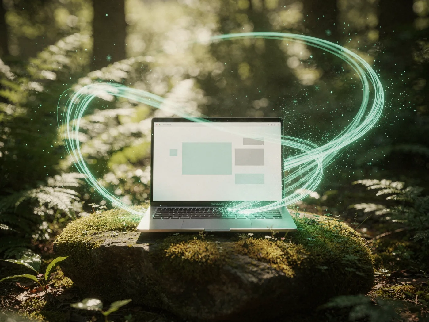 Laptop auf moosbewachsenem Stein im sonnigen Wald, Website auf dem Bildschirm, digitale Lichtströme